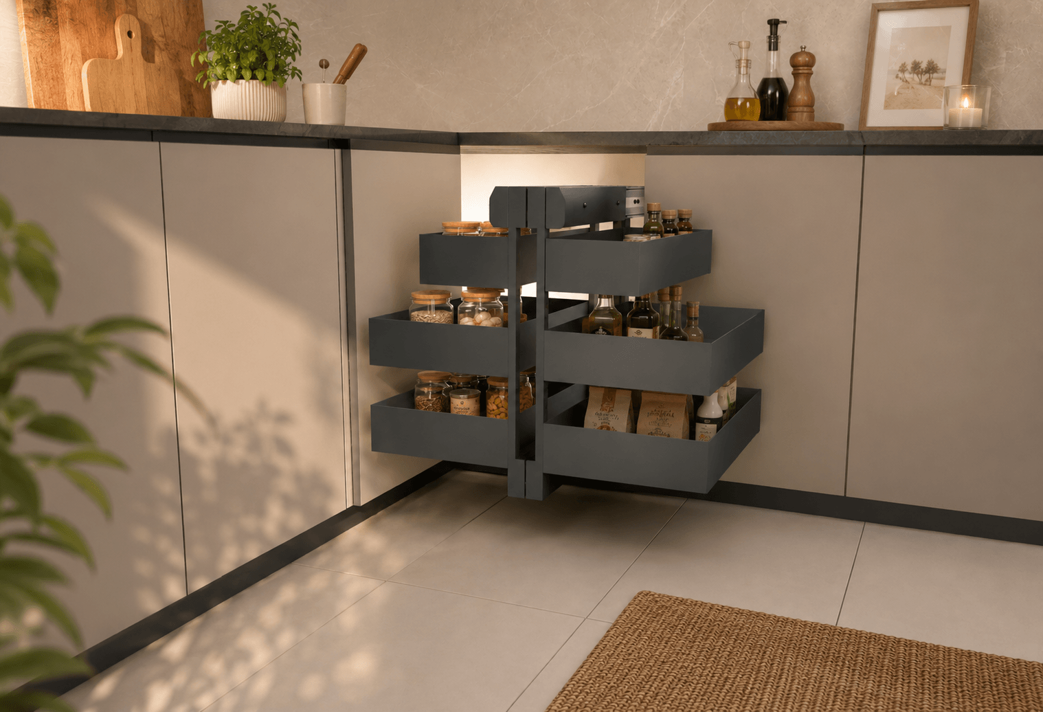 Kitchen cabinet pull-out storage hardware