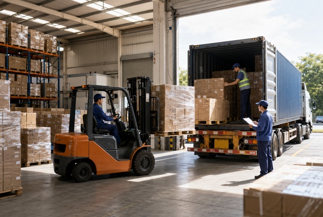 Accurate delivery warehouse loading scene with pallets, forklift, and coordinated shipment