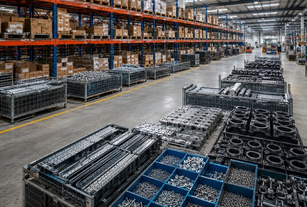 Organized industrial hardware products displayed in a modern factory warehouse