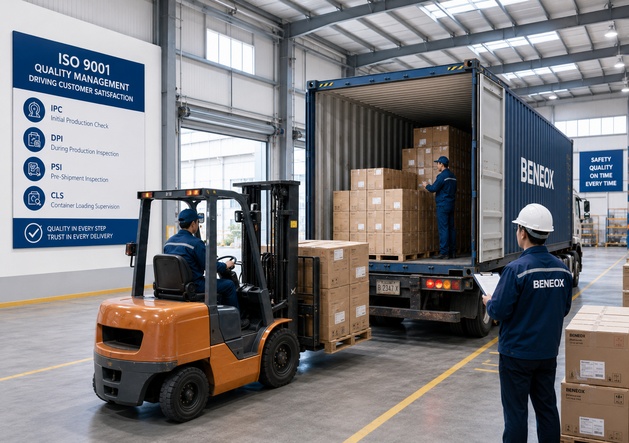 Quality inspector supervising container loading under ISO 9001 quality management standards