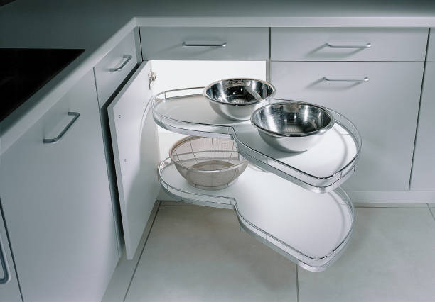 modern kitchen open drawer cabinet and tile floor